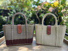 Load image into Gallery viewer, Mini Champagne Burgundy Tote Bag /  Camel Leather Magnetic Snap Closure

