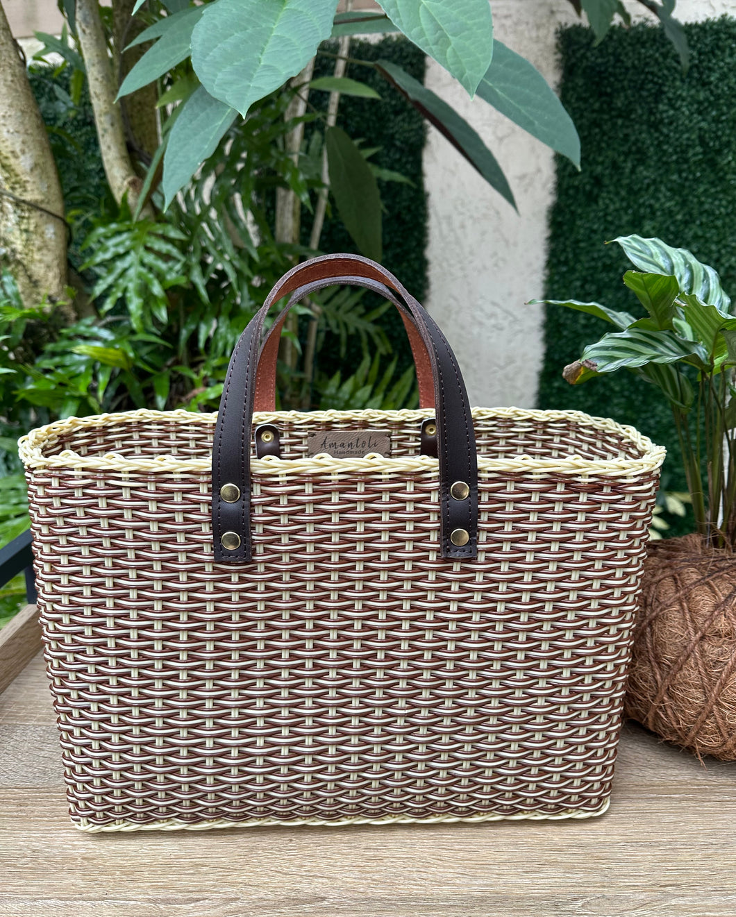 New Crema Brown Triple Weave Handbag / Dark Brown Leather Handles