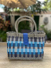 Load image into Gallery viewer, NEW Blue Champagne Rainbow Bag With Blue Leather Closure.
