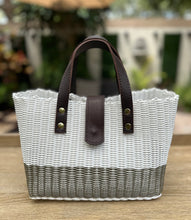 Load image into Gallery viewer, New White And Champagne Color Block Mini Tote With Dark Brown Leather Handles
