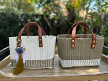 Load image into Gallery viewer, Mini White Champagne Tote Bag - Camel Leather Handles
