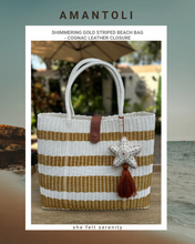 Load image into Gallery viewer, New Large White And Shimmering Gold Striped Beach Bag With Cognac Leather Closure.
