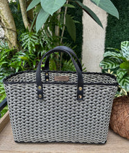 Load image into Gallery viewer, Black Triple Weave Handbag With Black Leather Handles And Magnetic Leather Strap.      Coming back soon.
