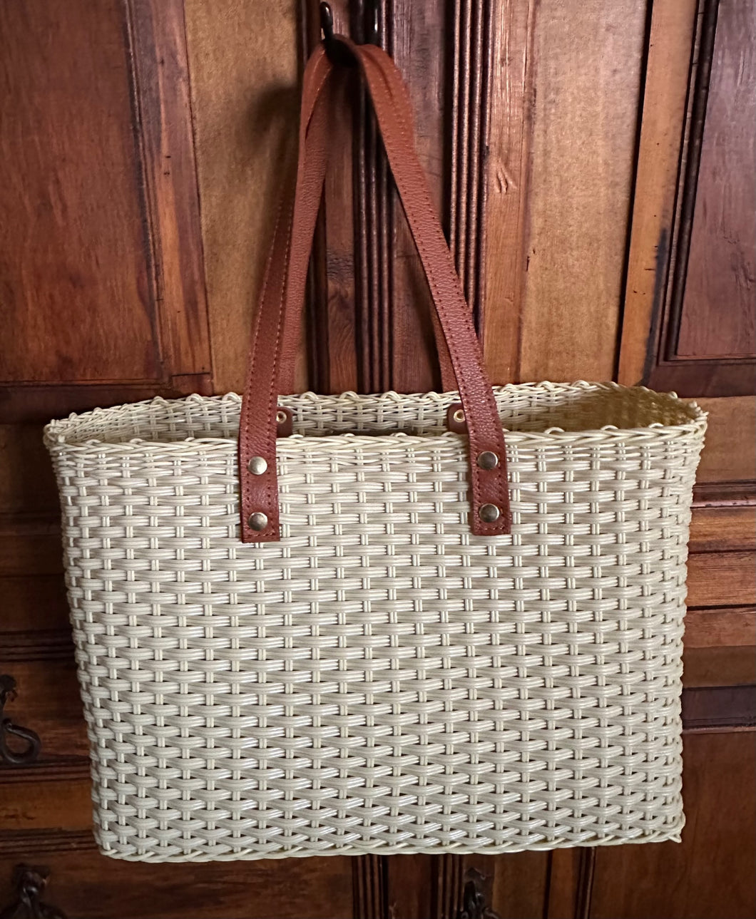 NEW Crema Triple Weave Bag with Long Camel Real Leather Strap
