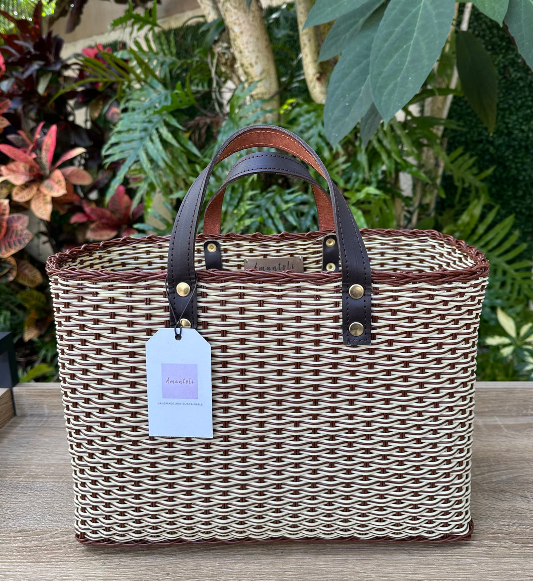NEW Chocolate Crema Triple Weave Handbag / Dar Brown Leather Handles