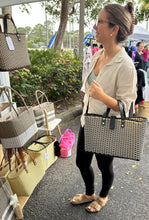 Load image into Gallery viewer, Black Triple Weave Handbag With Black Leather Handles And Magnetic Leather Strap.      Coming back soon.
