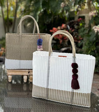 Load image into Gallery viewer, Large White Champagne Beach Bag with Champagne Handles.      Coming back soon.
