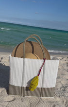 Load and play video in Gallery viewer, Large White Champagne Beach Bag with Champagne Handles.      Coming back soon.
