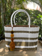 Load image into Gallery viewer, X-large Fully Lined White Gold Stripes Beach bag
