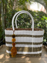 Load image into Gallery viewer, large Fully Lined White Gold Stripes Beach bag. Coming back soon!
