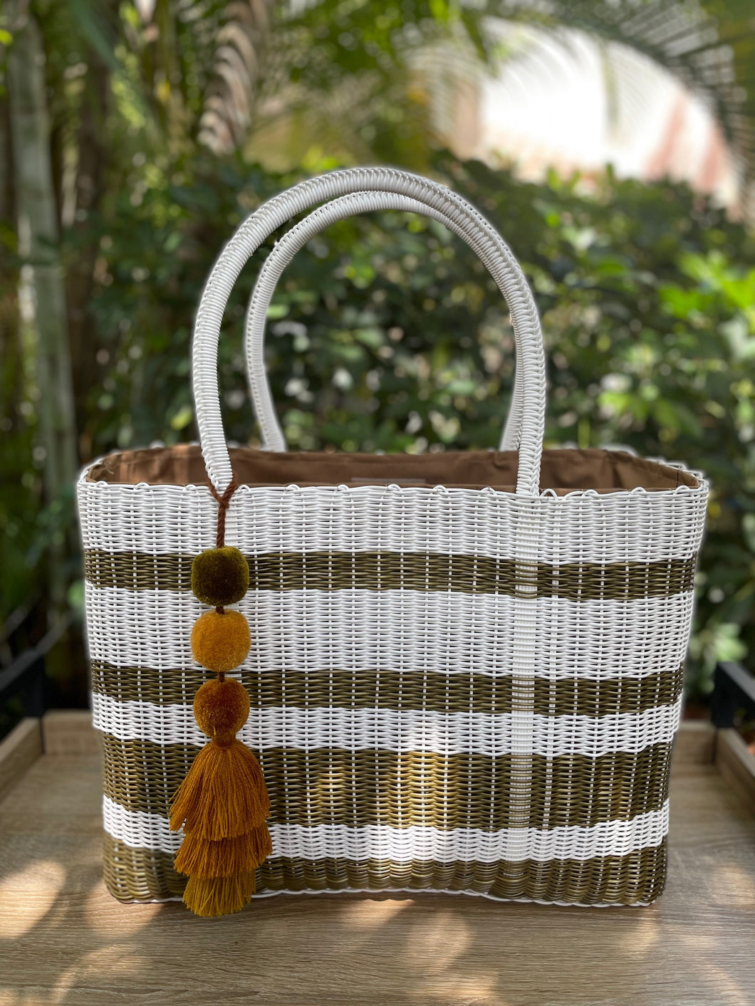 large Fully Lined White Gold Stripes Beach bag. Coming back soon!
