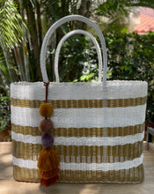 Load image into Gallery viewer, large Fully Lined White Gold Stripes Beach bag. Coming back soon!
